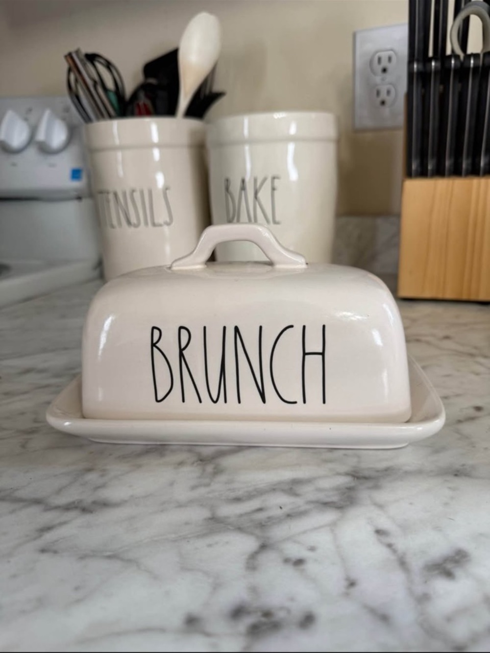 Rae Dunn Brunch Butter Dish in Cream and Black